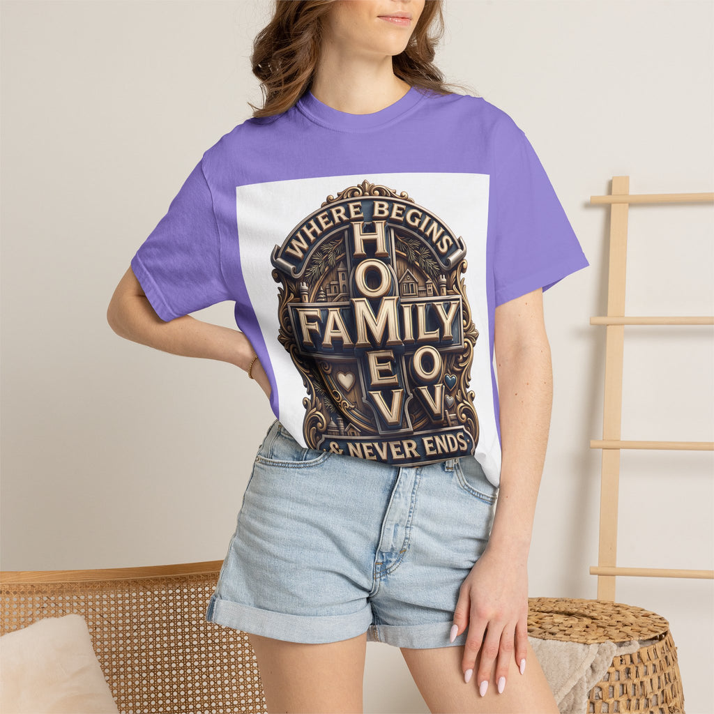 Woman wearing the Violet purple home family love crest t-shirt with denim shorts