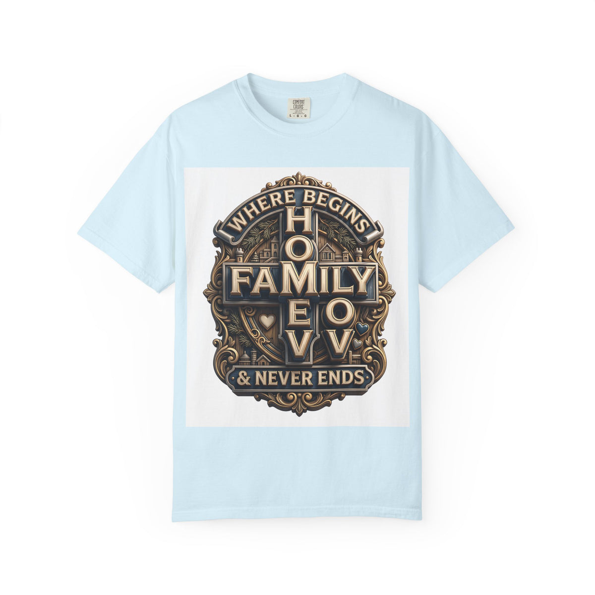 Chambray pale blue garment-dyed unisex t-shirt with the home family love vintage crest printed on the chest