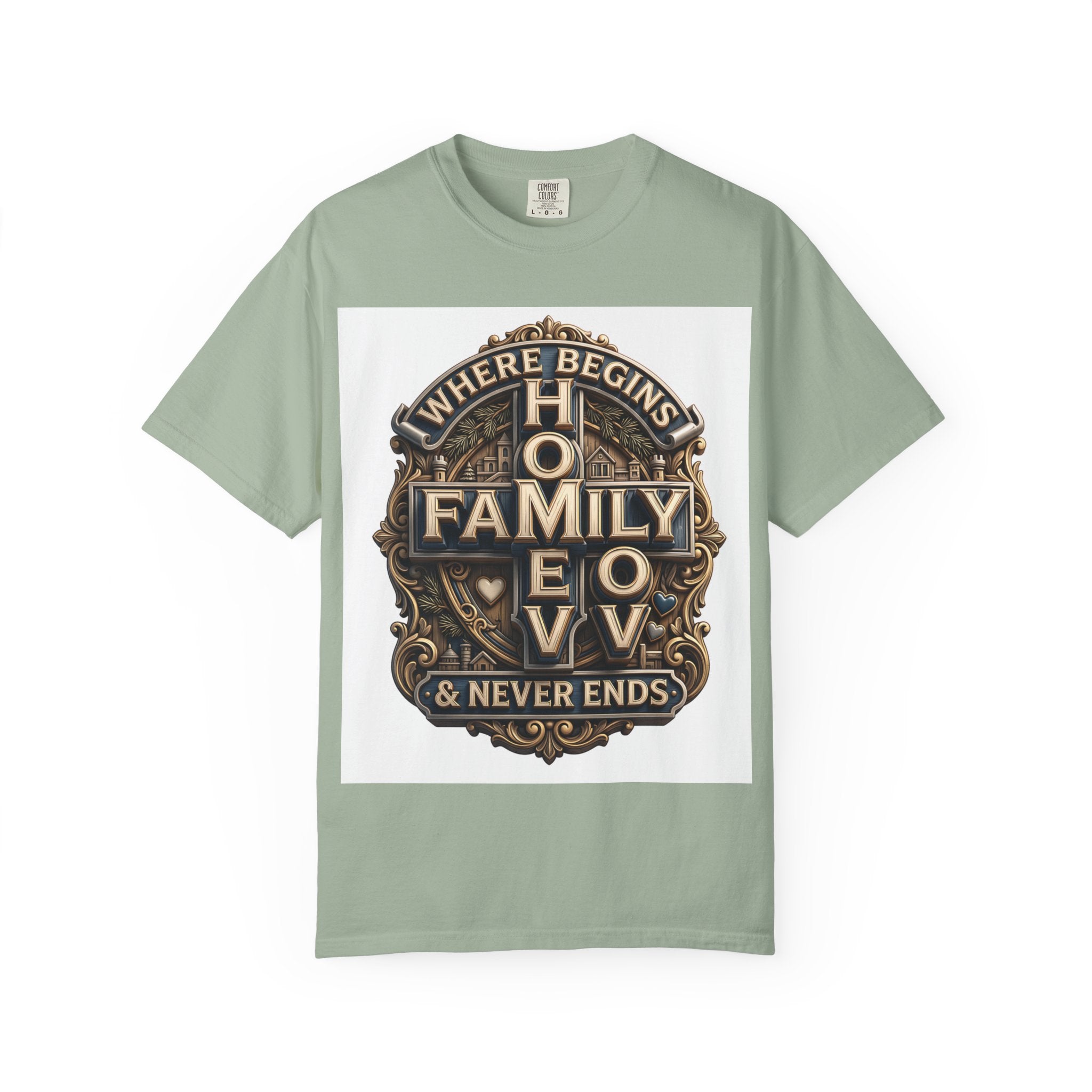 Bay soft sage green garment-dyed unisex t-shirt with the home family love vintage crest printed on the chest