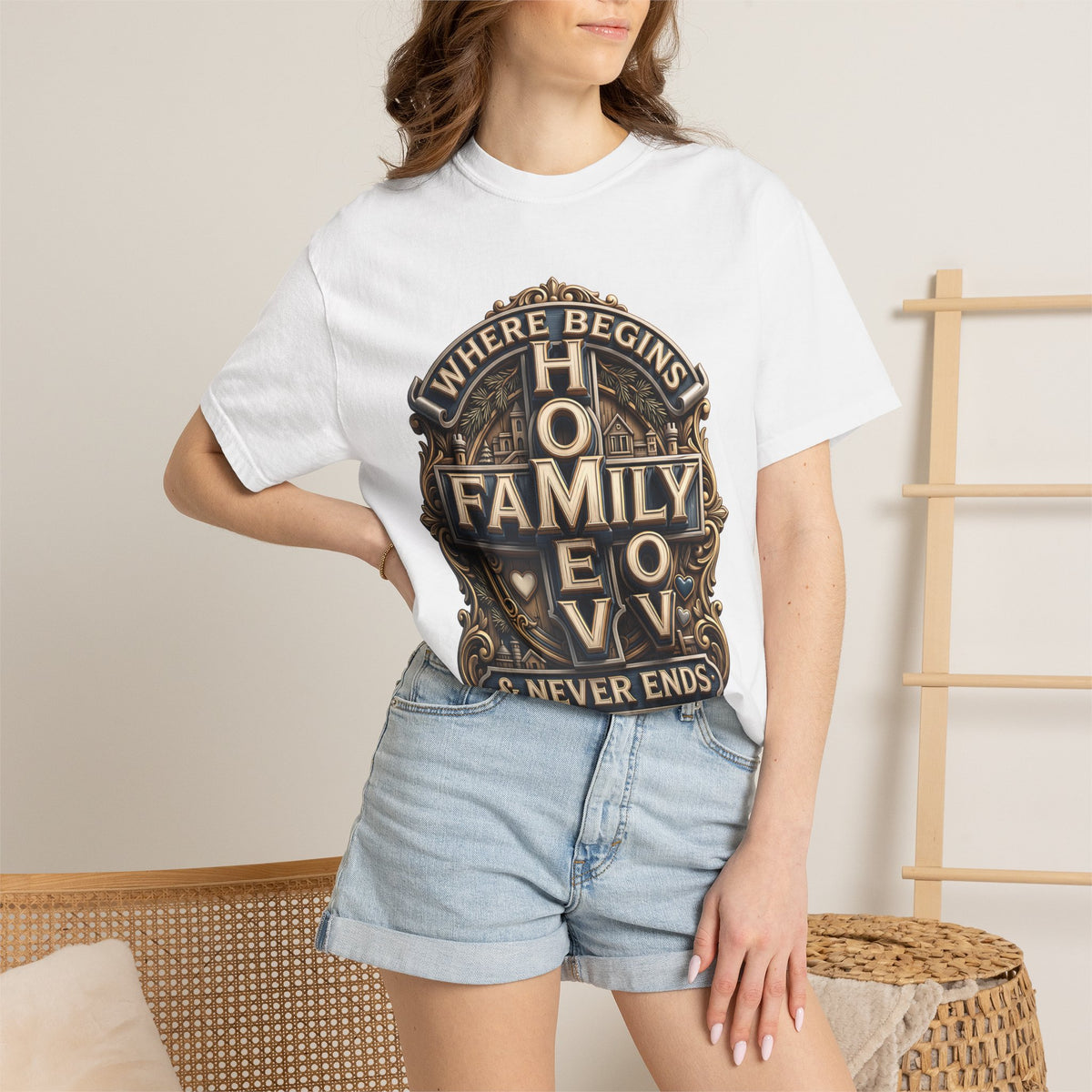 Woman wearing the white home family love crest t-shirt with denim shorts