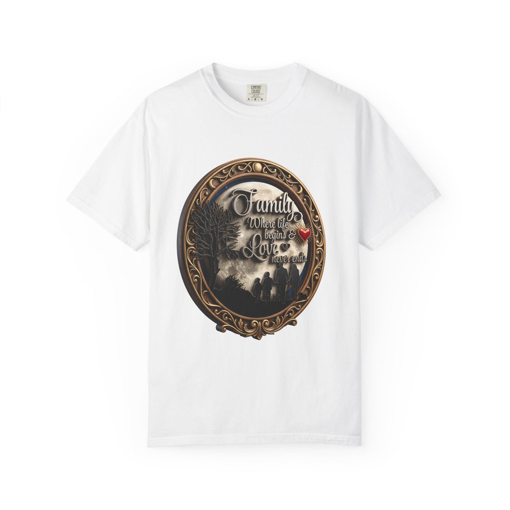 White garment-dyed unisex t-shirt printed with an oval carved frame around a family silhouette under a tree, with the words Family and Love and a red heart