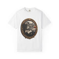 White garment-dyed unisex t-shirt printed with an oval carved frame around a family silhouette under a tree, with the words Family and Love and a red heart