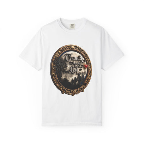 White garment-dyed unisex t-shirt printed with an oval carved frame around a family silhouette under a tree, with the words Family and Love and a red heart