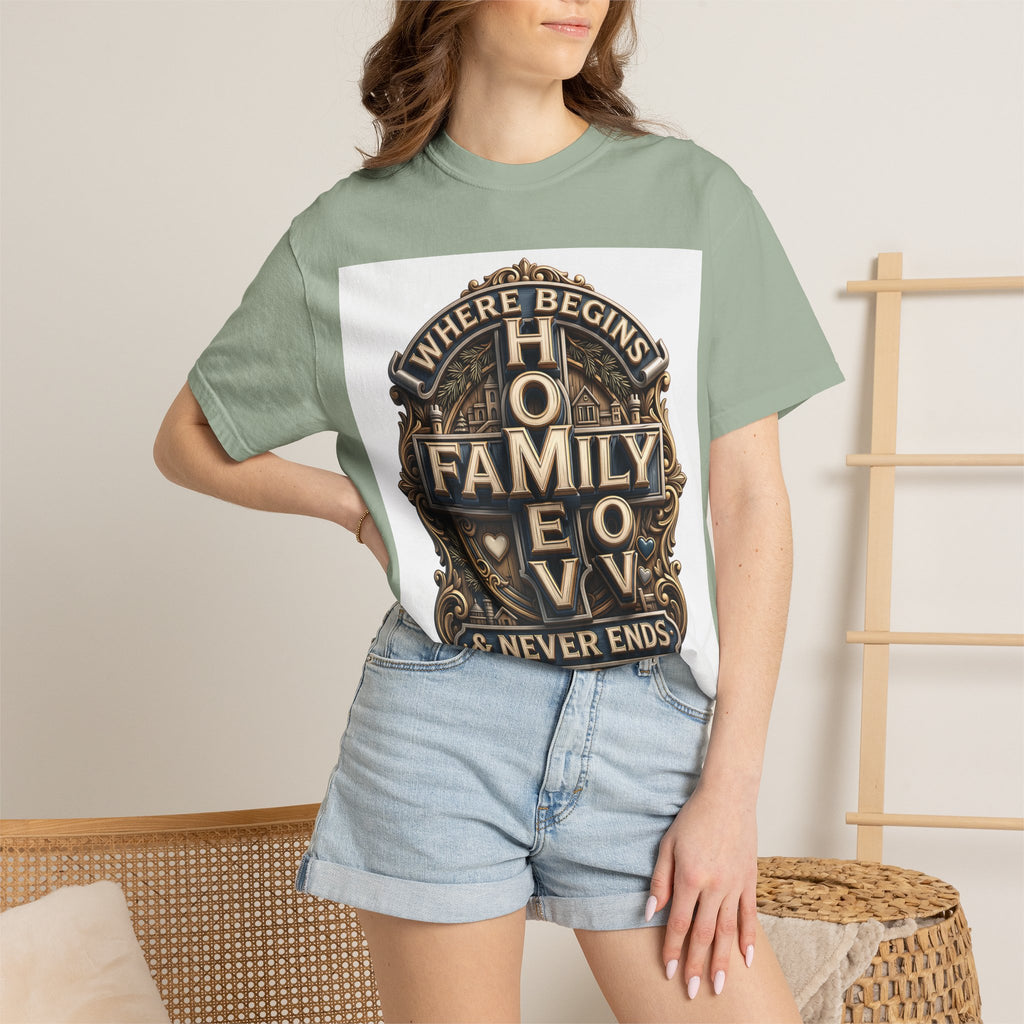 Woman wearing the Bay sage green home family love crest t-shirt with denim shorts