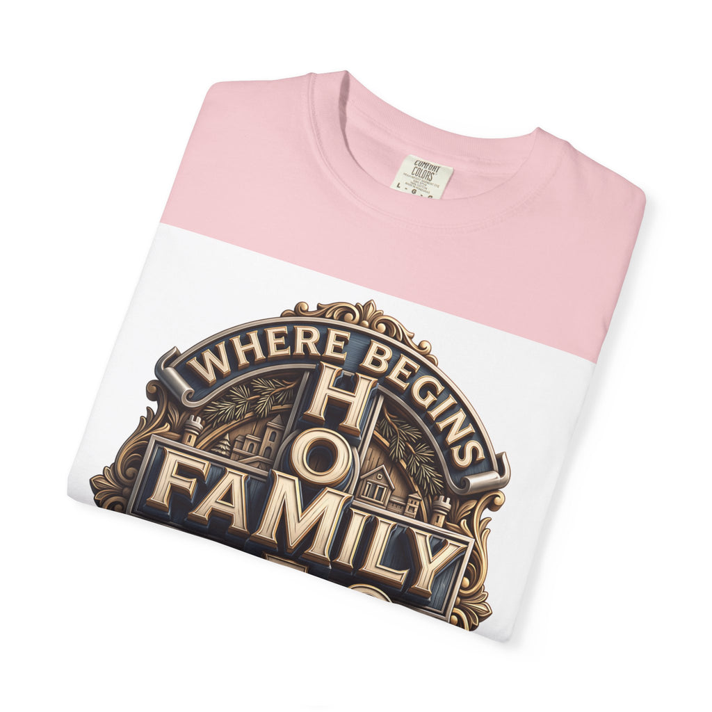 Blossom soft pink home family love crest t-shirt folded to show the print and the garment-dyed cotton