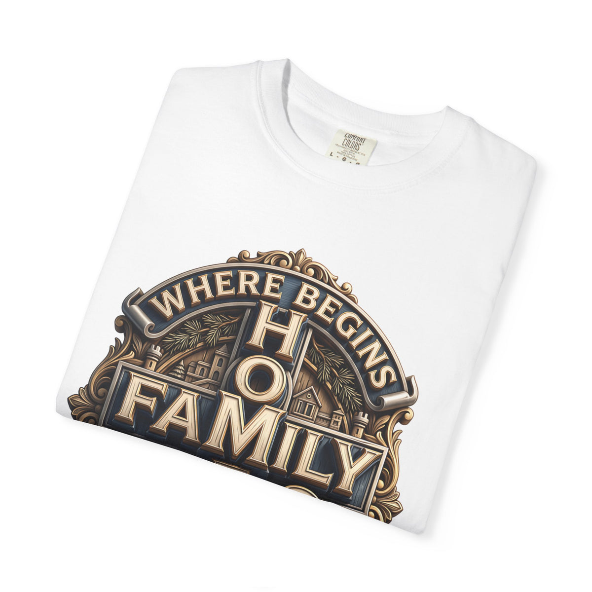 White t-shirt folded to show the home family love crest and the cotton texture