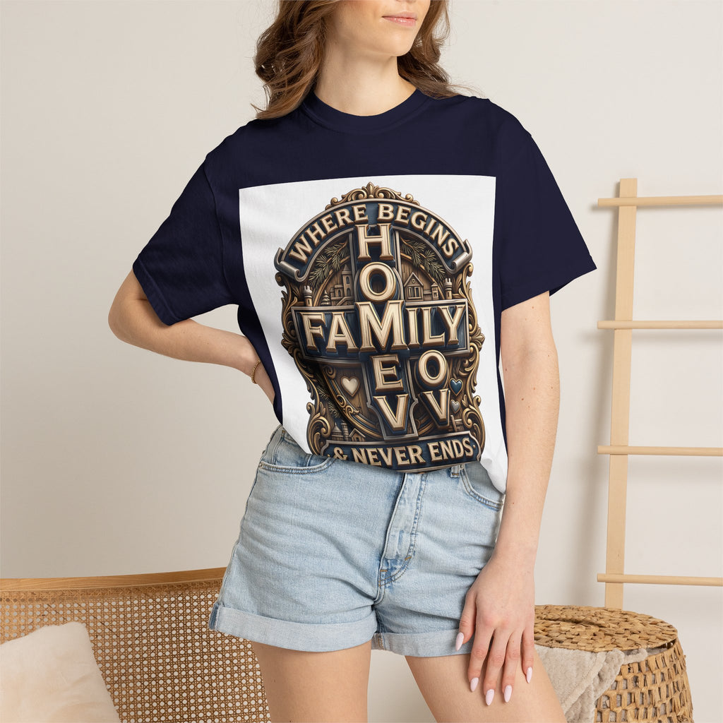 Woman wearing the True Navy home family love crest t-shirt with denim shorts