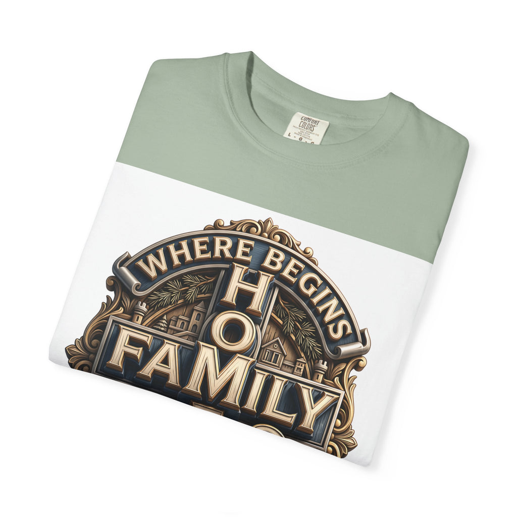 Bay sage green home family love crest t-shirt folded to show the print and the garment-dyed cotton
