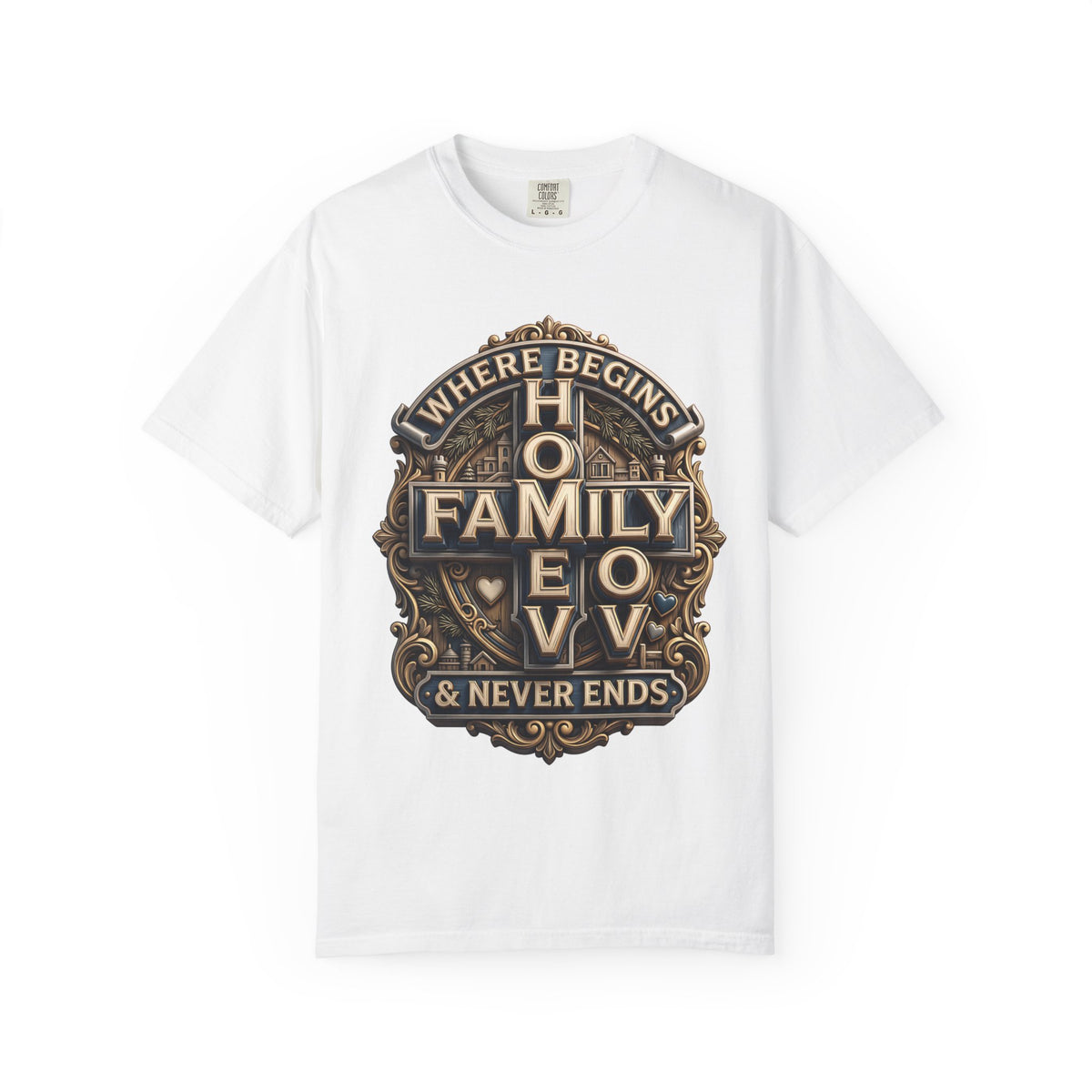 White garment-dyed unisex t-shirt with the home family love vintage crest printed on the chest
