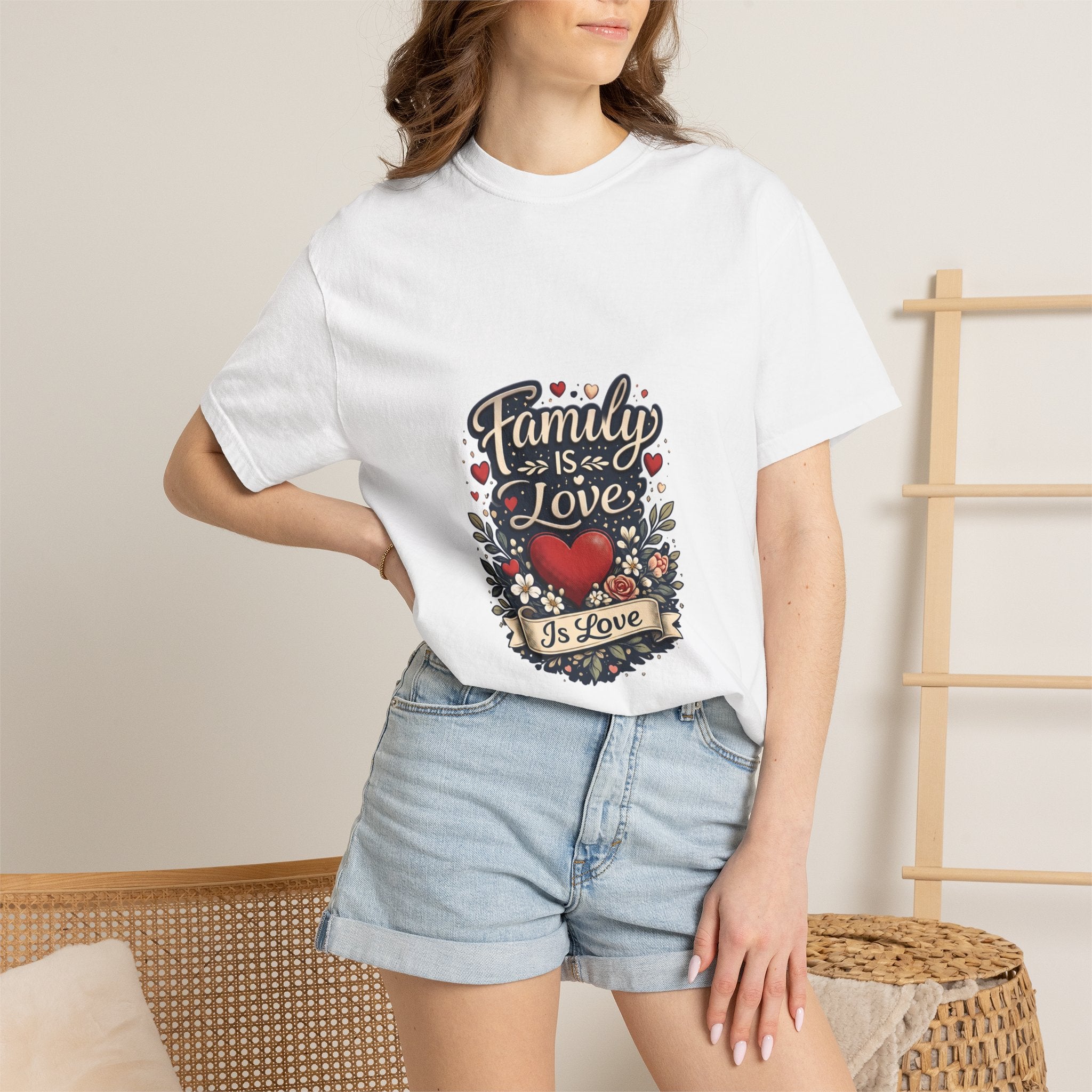 Woman wearing the white Family is Love floral heart t-shirt with denim shorts