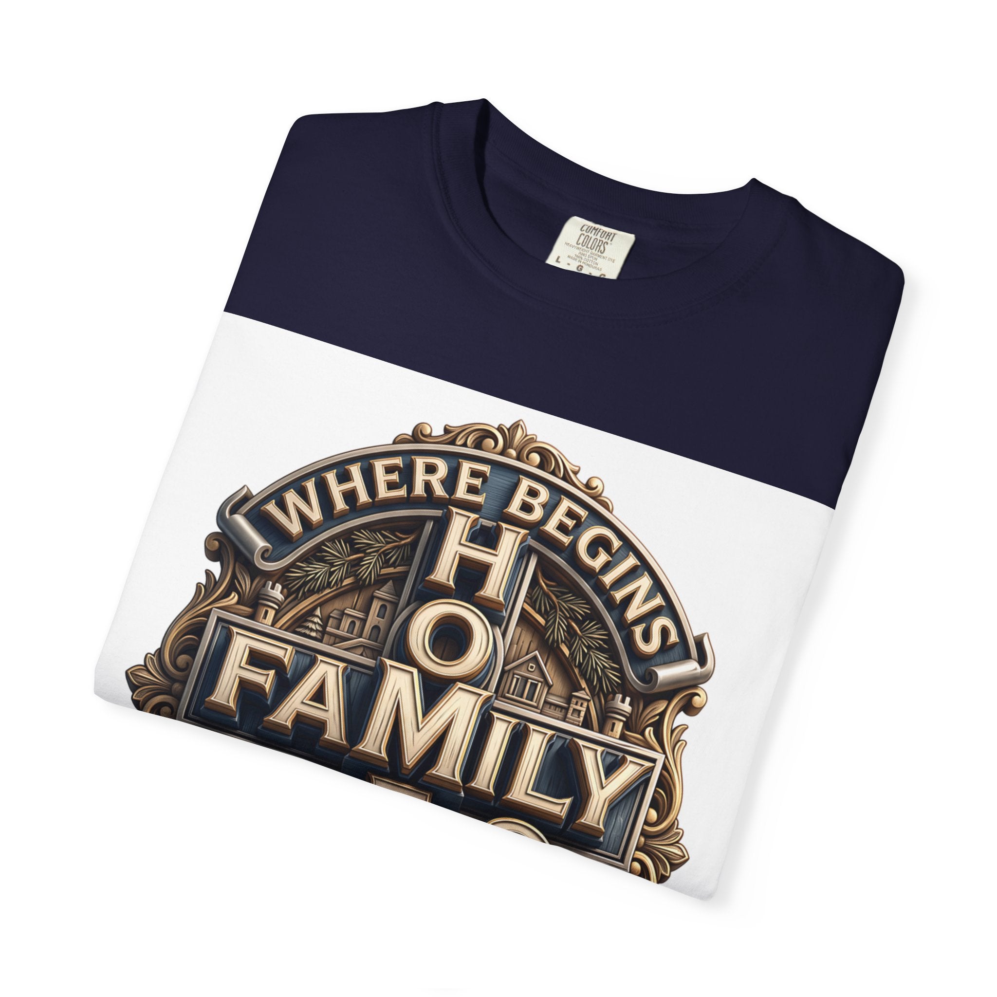 True Navy home family love crest t-shirt folded to show the print and the garment-dyed cotton