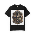 Black garment-dyed unisex t-shirt with the home family love vintage crest printed on the chest