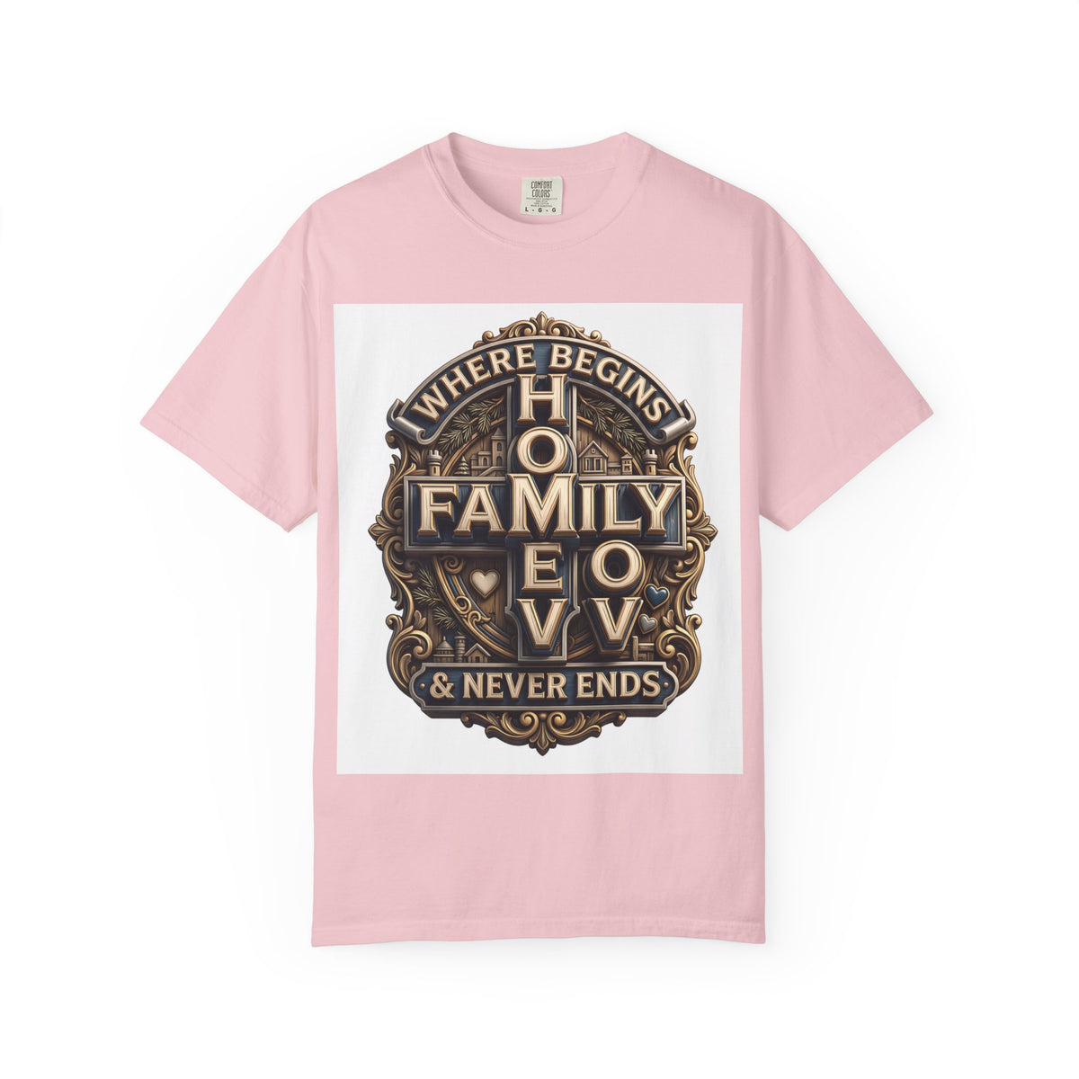 Blossom soft pink garment-dyed unisex t-shirt with the home family love vintage crest printed on the chest
