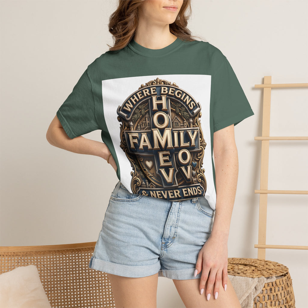 Woman wearing the Blue Spruce deep green home family love crest t-shirt with denim shorts