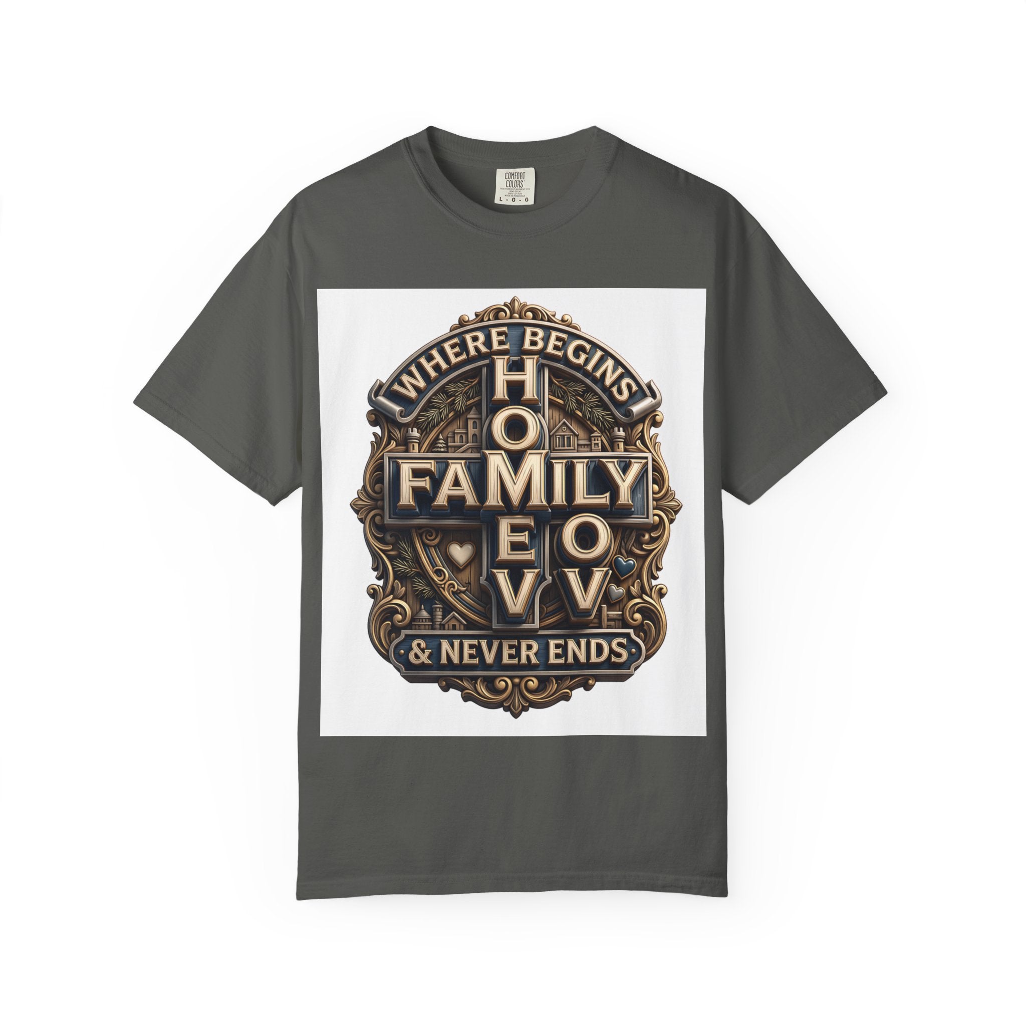 Pepper dark charcoal garment-dyed unisex t-shirt with the home family love vintage crest printed on the chest