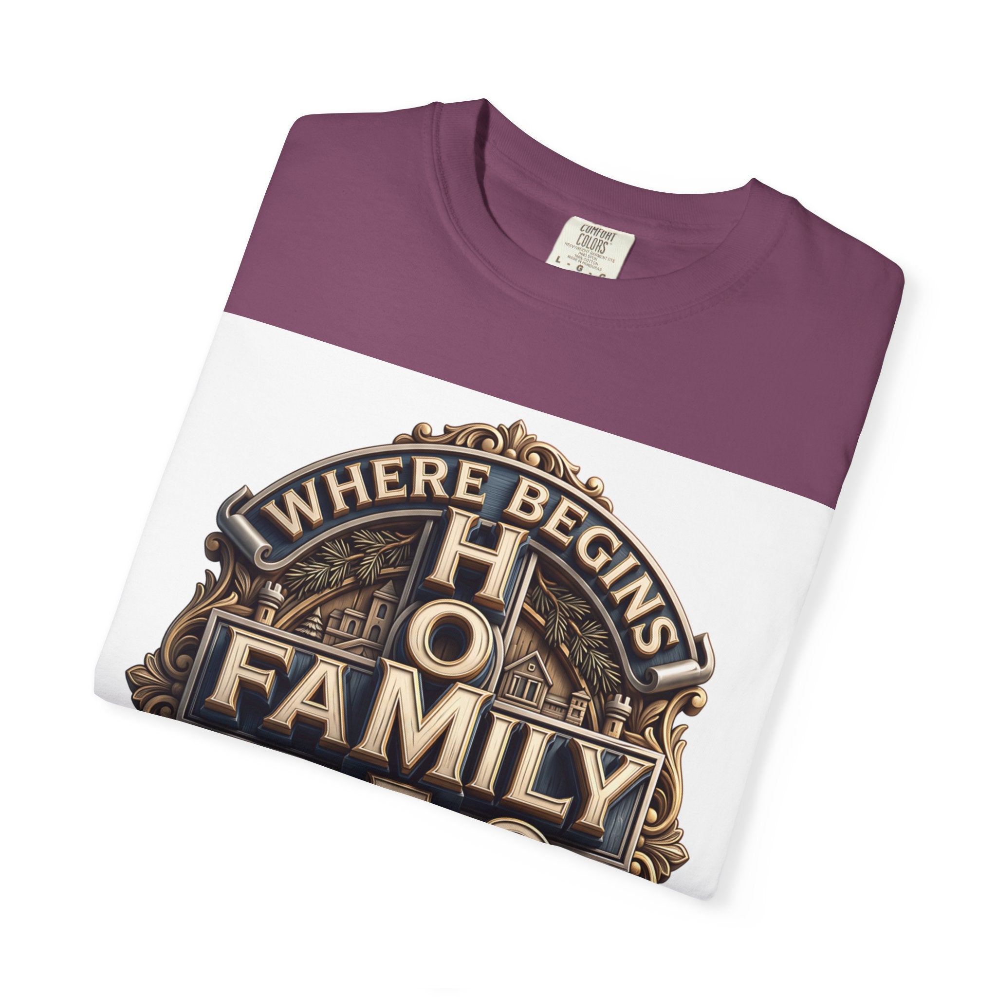 Berry deep plum home family love crest t-shirt folded to show the print and the garment-dyed cotton