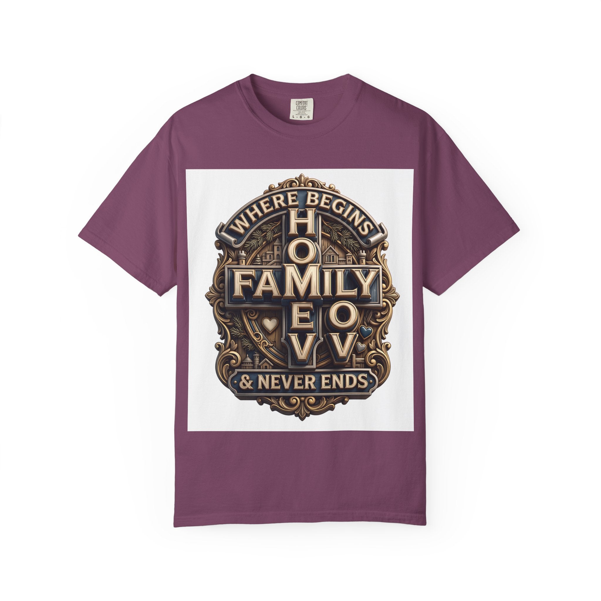 Berry deep plum garment-dyed unisex t-shirt with the home family love vintage crest printed on the chest