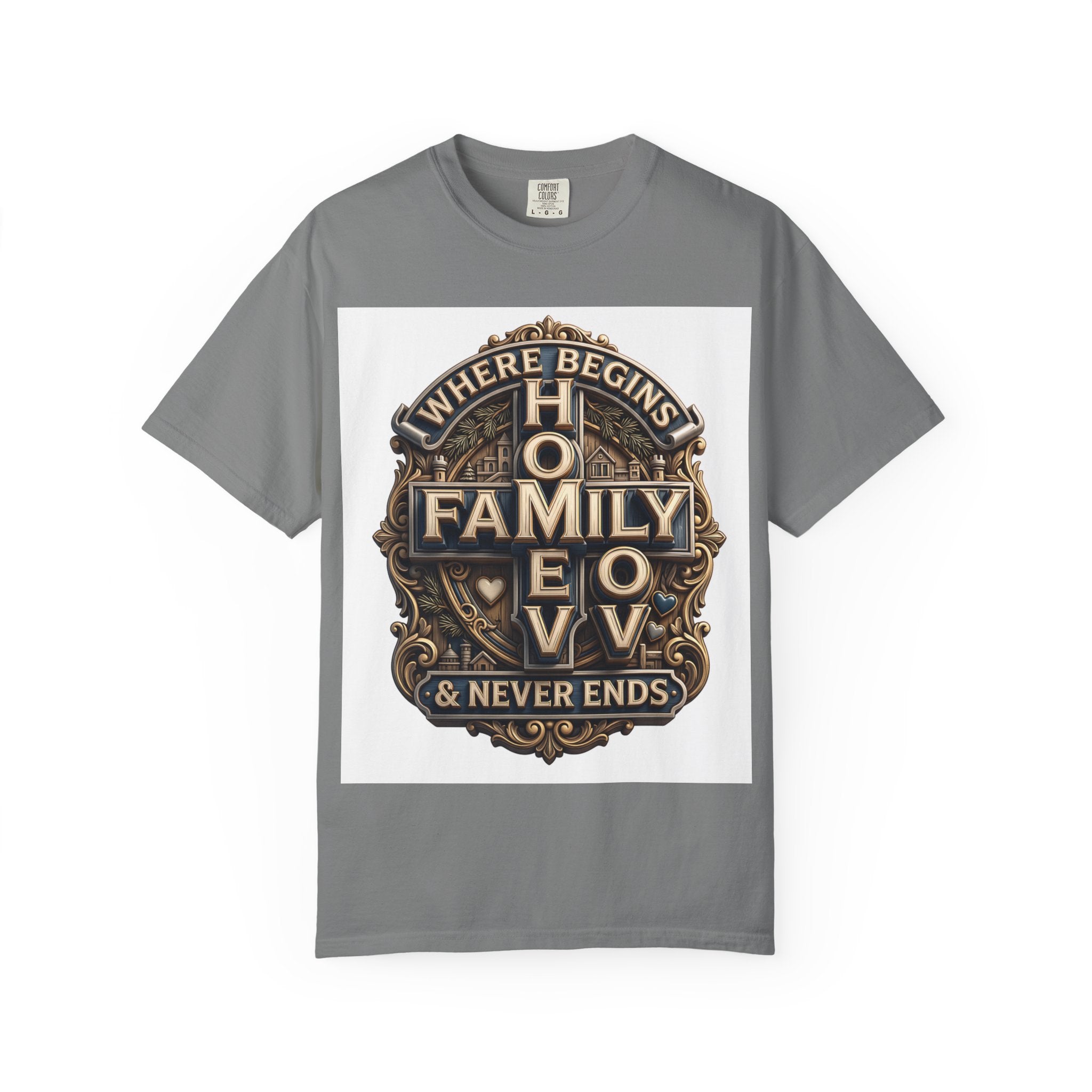 Grey garment-dyed unisex t-shirt with the home family love vintage crest printed on the chest