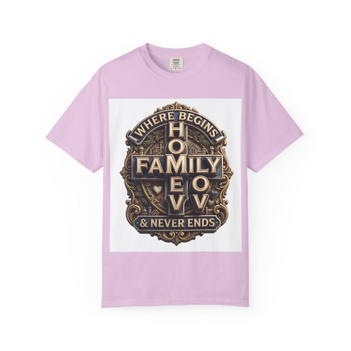 Orchid light lilac garment-dyed unisex t-shirt with the home family love vintage crest printed on the chest