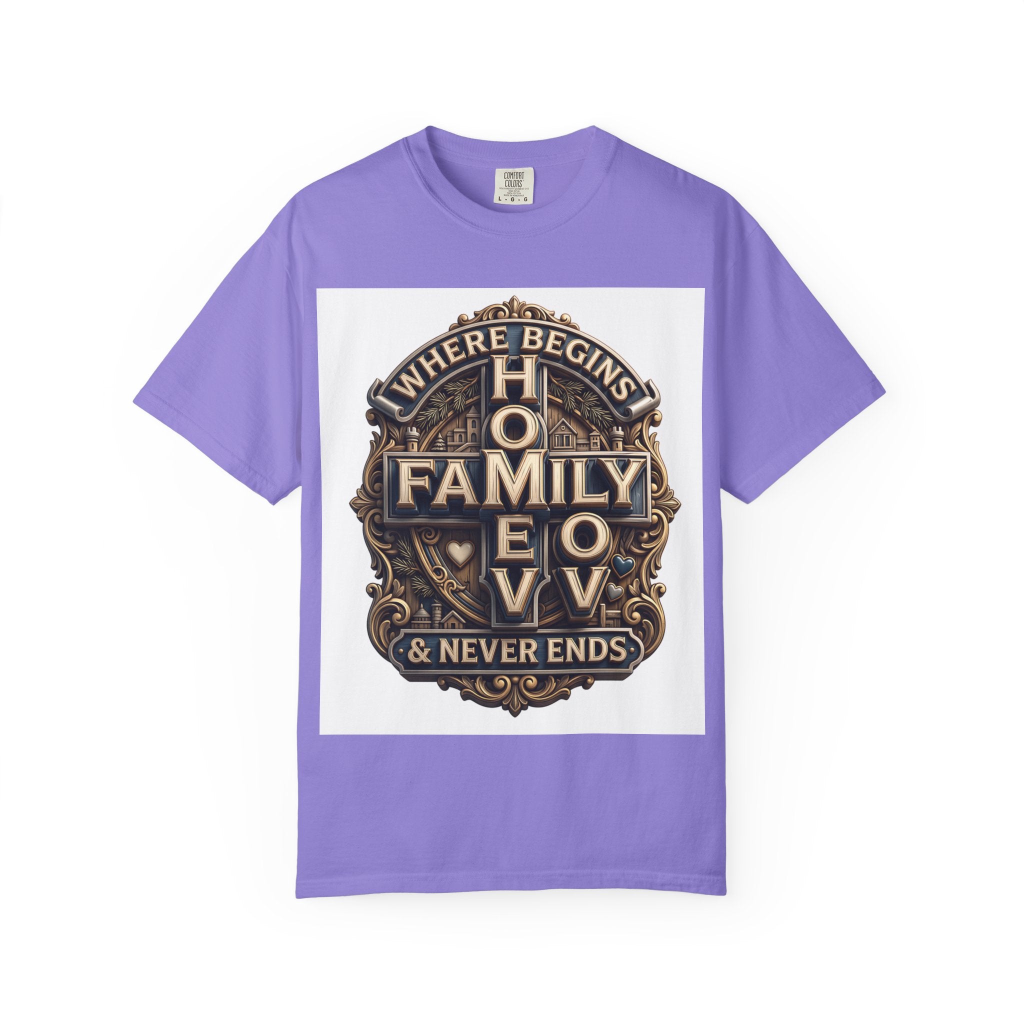 Violet purple garment-dyed unisex t-shirt with the home family love vintage crest printed on the chest