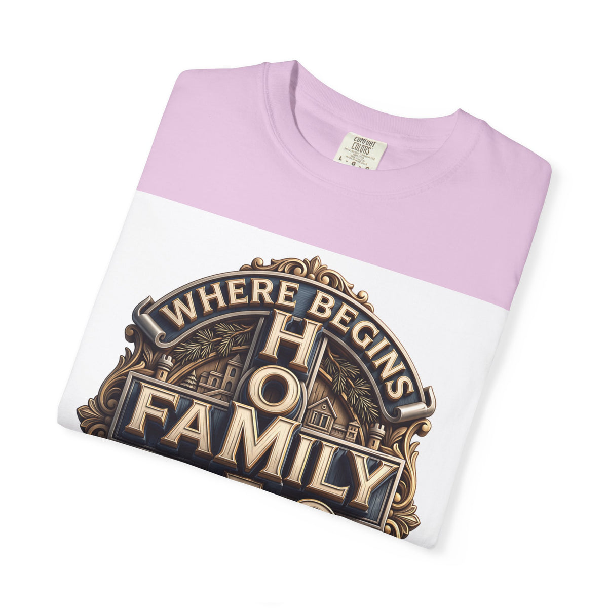 Orchid light lilac home family love crest t-shirt folded to show the print and the garment-dyed cotton