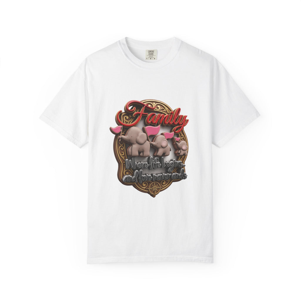 White garment-dyed unisex t-shirt printed with three cartoon elephants carrying pink flags under the word Family and the line Where life begins and love never ends