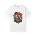 White garment-dyed unisex t-shirt printed with three cartoon elephants carrying pink flags under the word Family and the line Where life begins and love never ends