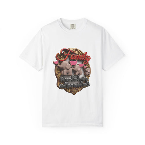 White garment-dyed unisex t-shirt printed with three cartoon elephants carrying pink flags under the word Family and the line Where life begins and love never ends