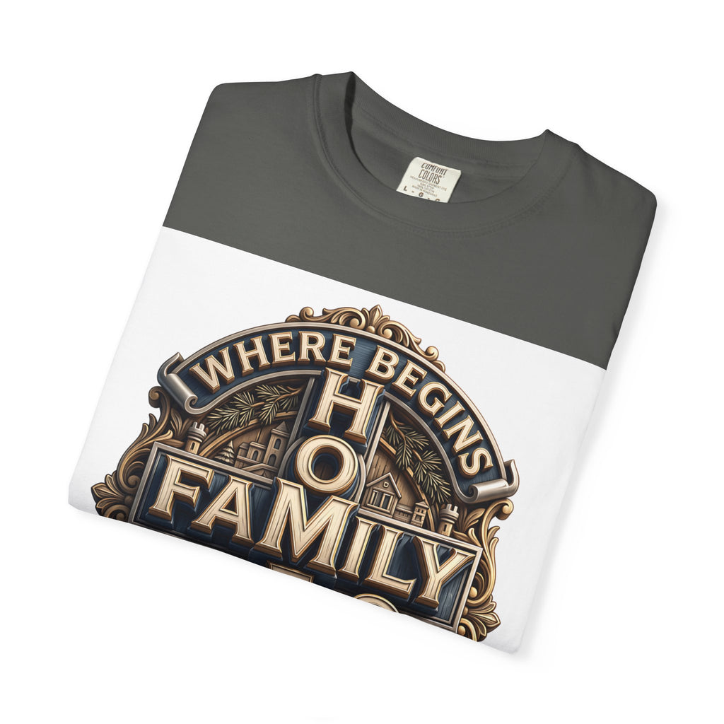 Pepper dark charcoal home family love crest t-shirt folded to show the print and the garment-dyed cotton