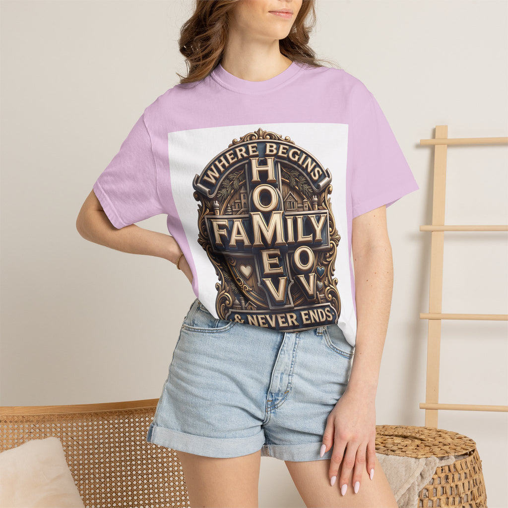 Woman wearing the Orchid light lilac home family love crest t-shirt with denim shorts