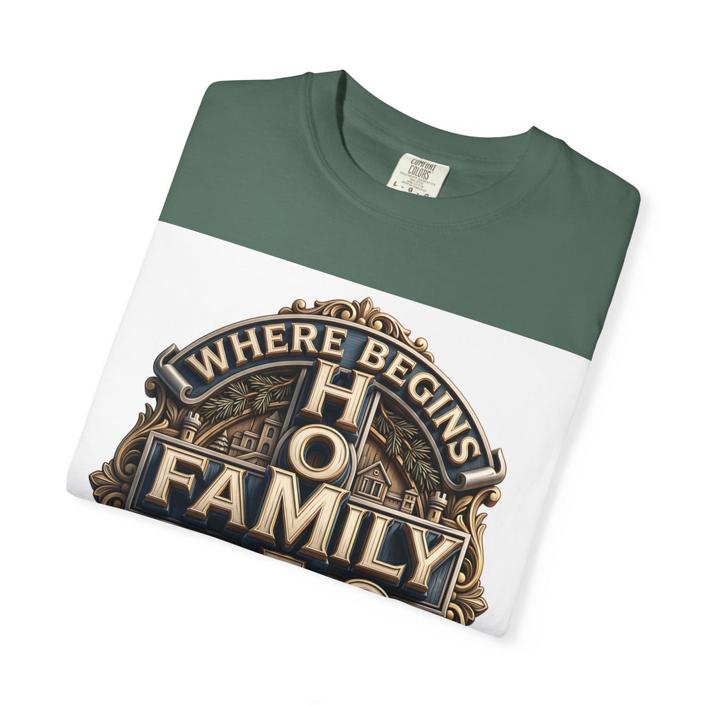 Blue Spruce deep green home family love crest t-shirt folded to show the print and the garment-dyed cotton