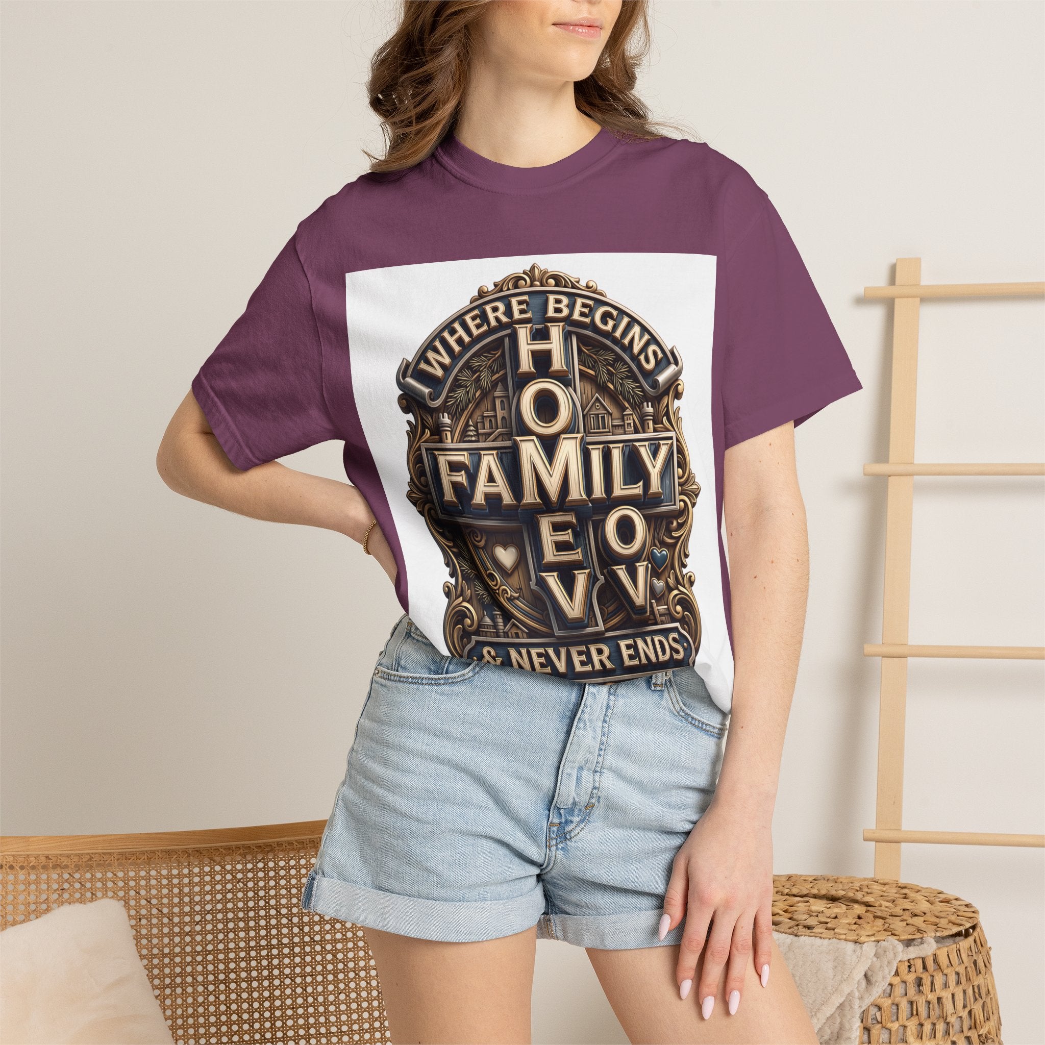 Woman wearing the Berry deep plum home family love crest t-shirt with denim shorts