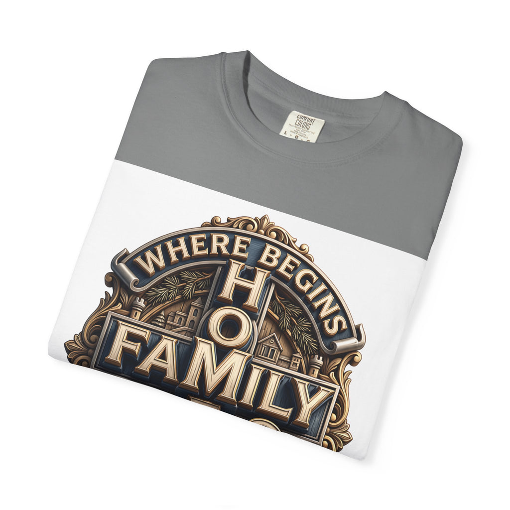 Grey home family love crest t-shirt folded to show the print and the garment-dyed cotton