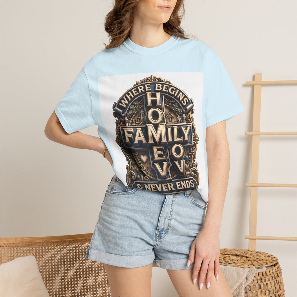 Woman wearing the Chambray pale blue home family love crest t-shirt with denim shorts