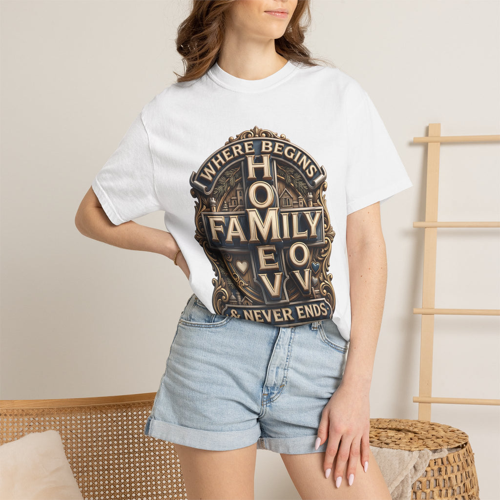 Woman wearing the white home family love crest t-shirt with denim shorts