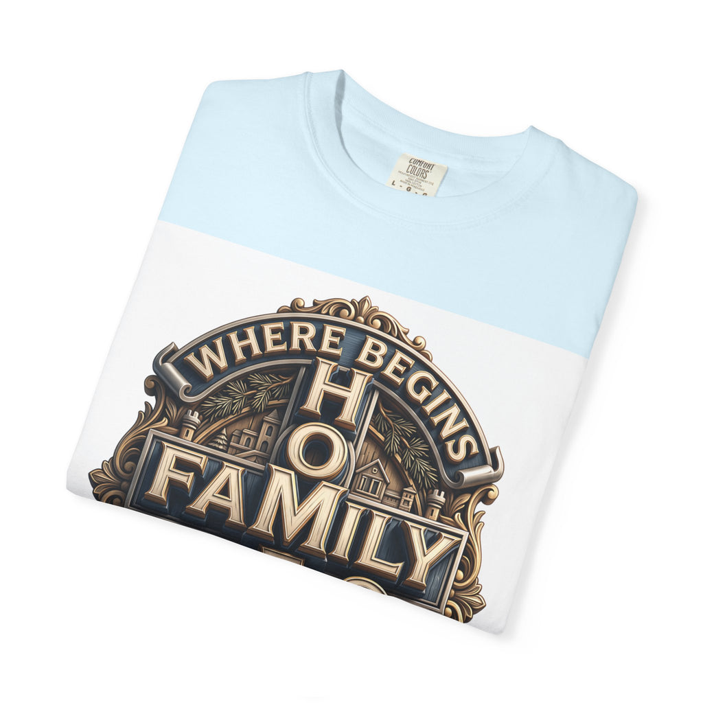 Chambray pale blue home family love crest t-shirt folded to show the print and the garment-dyed cotton
