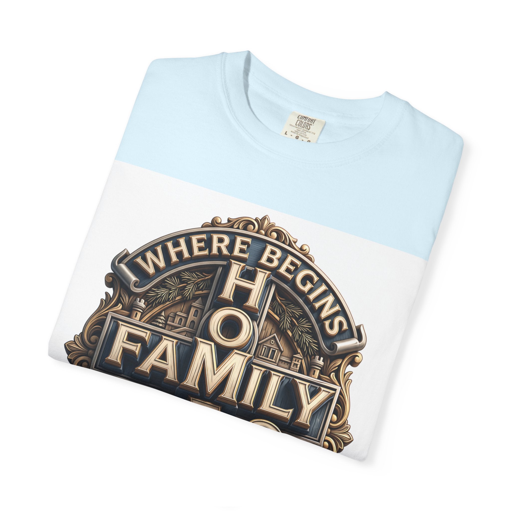 Chambray pale blue home family love crest t-shirt folded to show the print and the garment-dyed cotton
