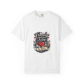 White garment-dyed unisex t-shirt printed with Family is Love in script above a red heart surrounded by flowers