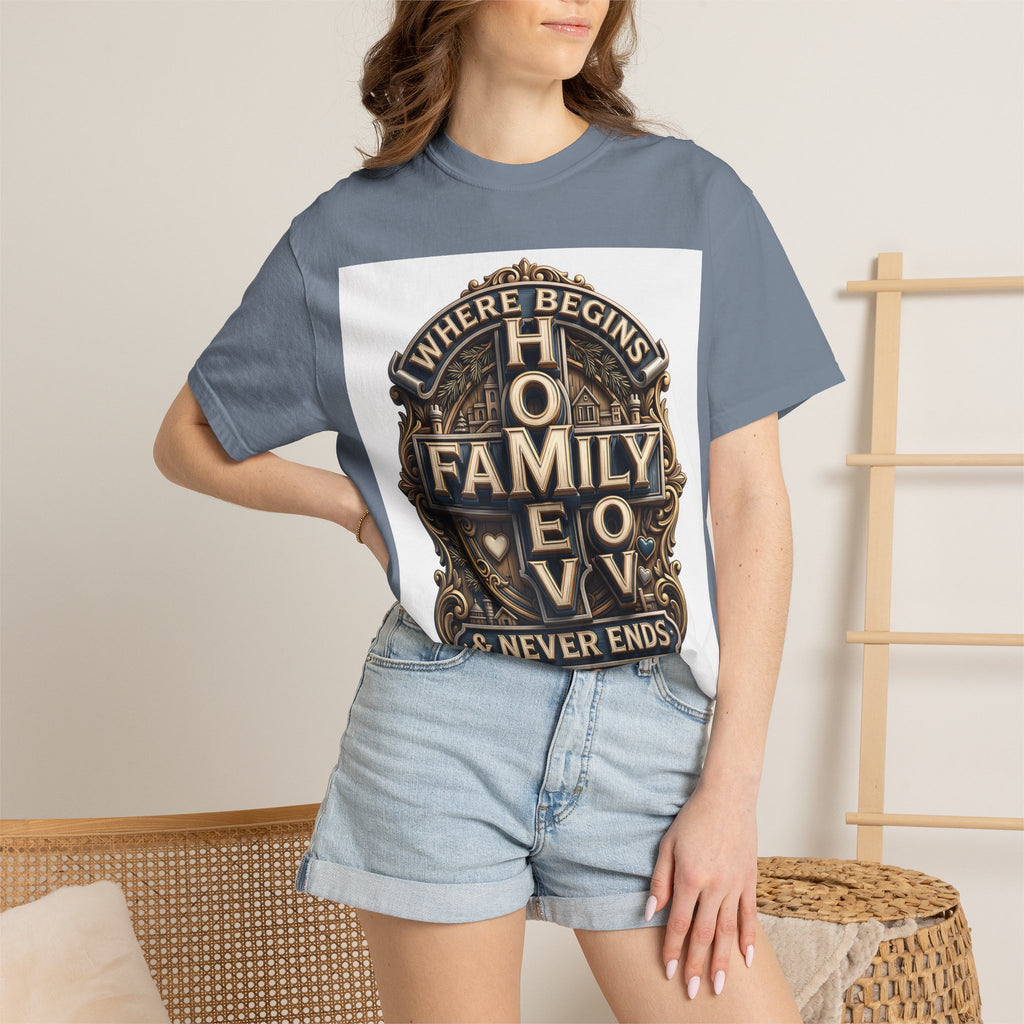 Woman wearing the Blue Jean slate blue home family love crest t-shirt with denim shorts