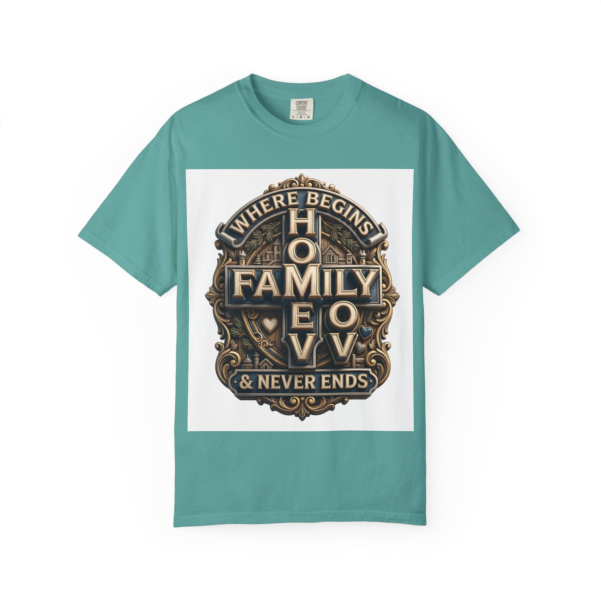 Seafoam teal garment-dyed unisex t-shirt with the home family love vintage crest printed on the chest