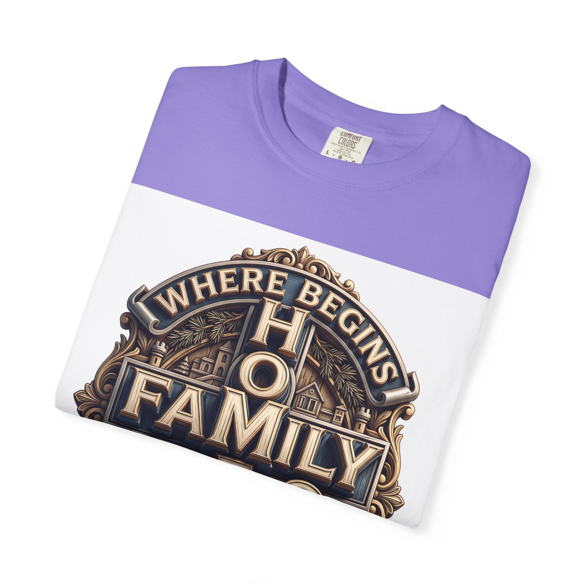 Violet purple home family love crest t-shirt folded to show the print and the garment-dyed cotton