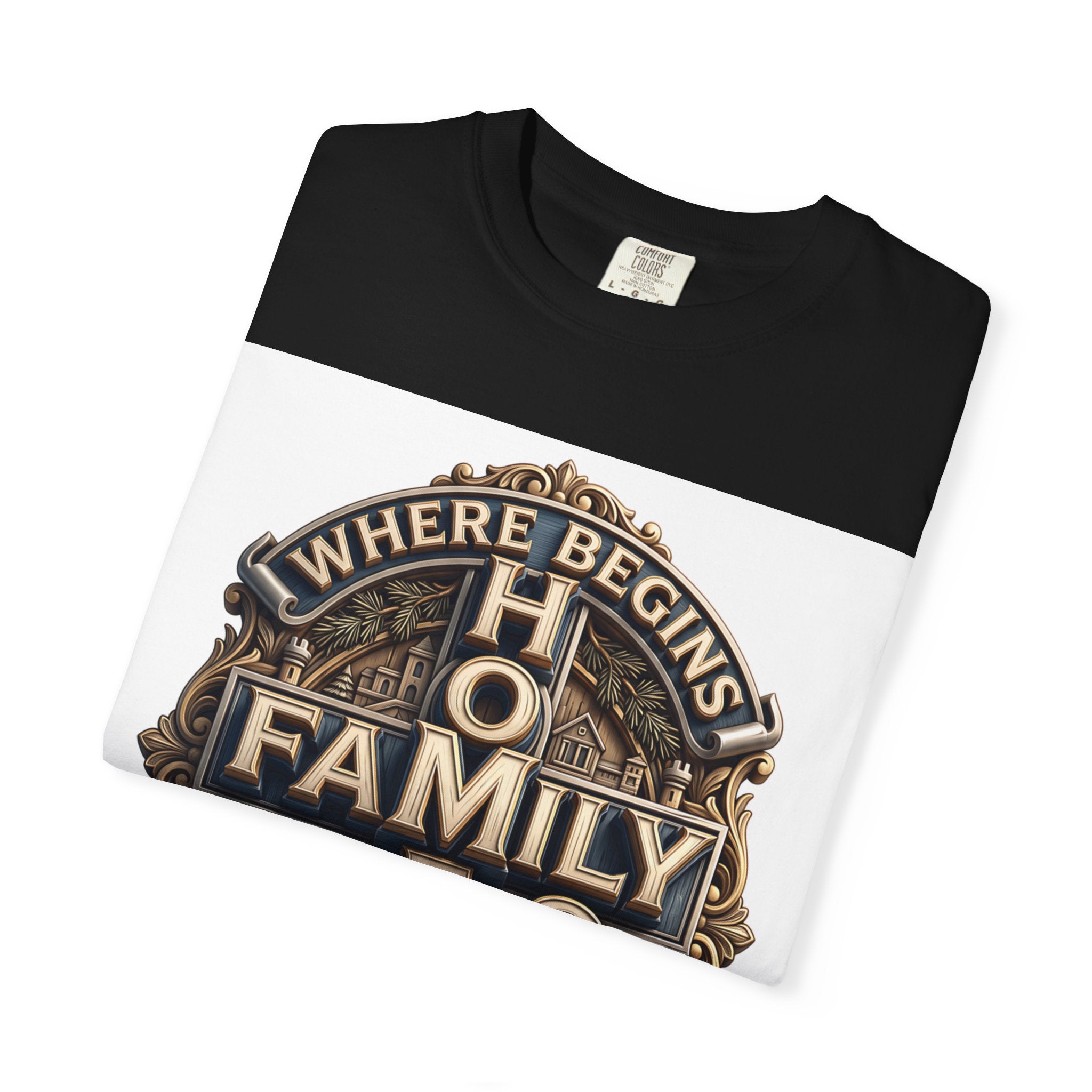 Black home family love crest t-shirt folded to show the print and the garment-dyed cotton