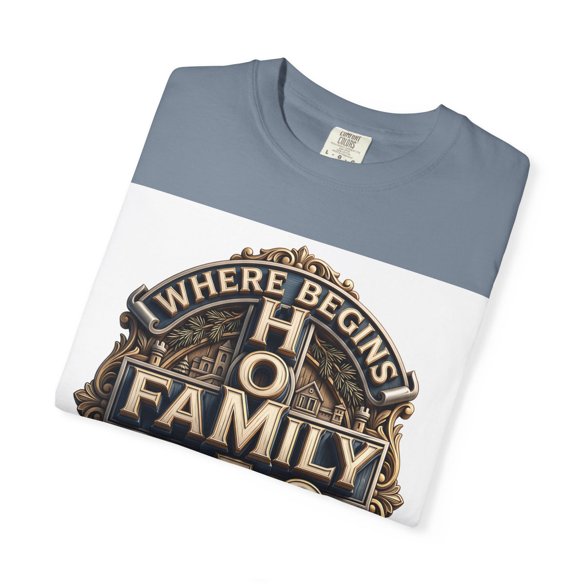Blue Jean slate blue home family love crest t-shirt folded to show the print and the garment-dyed cotton