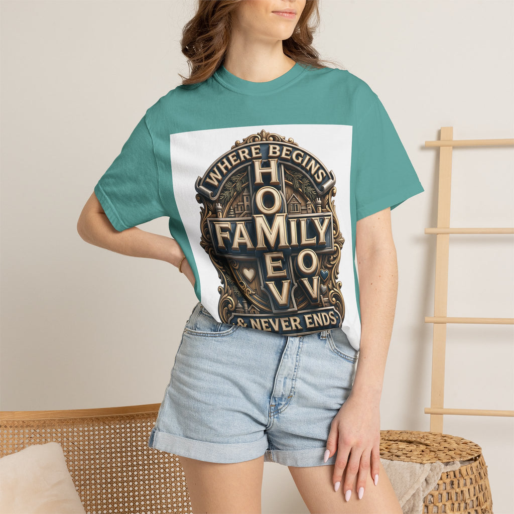 Woman wearing the Seafoam teal home family love crest t-shirt with denim shorts