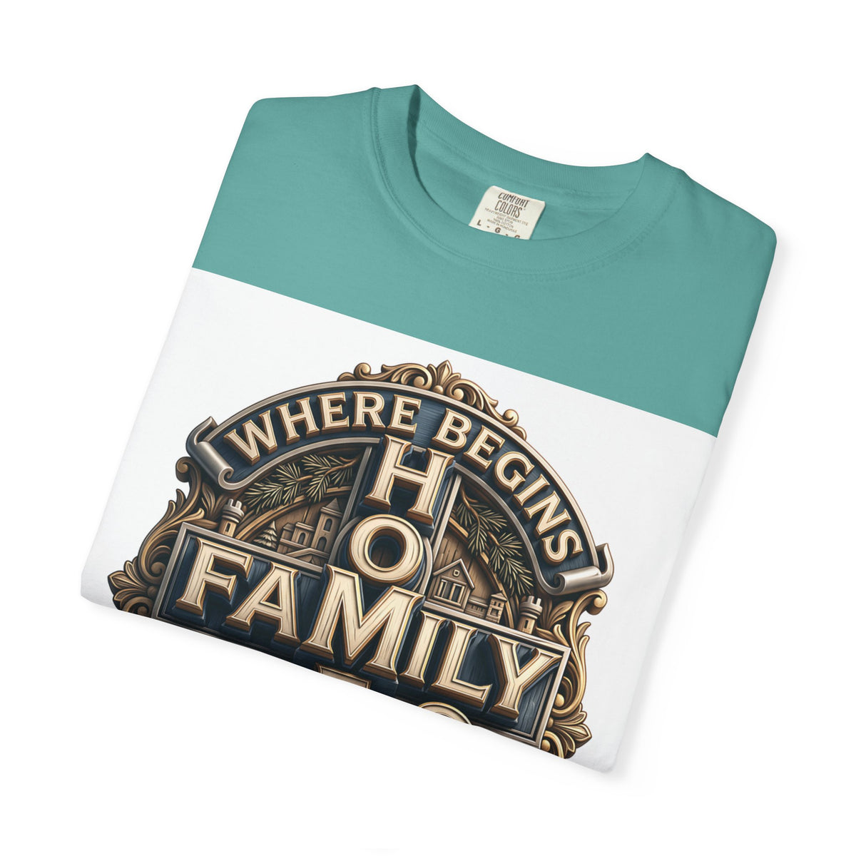 Seafoam teal home family love crest t-shirt folded to show the print and the garment-dyed cotton