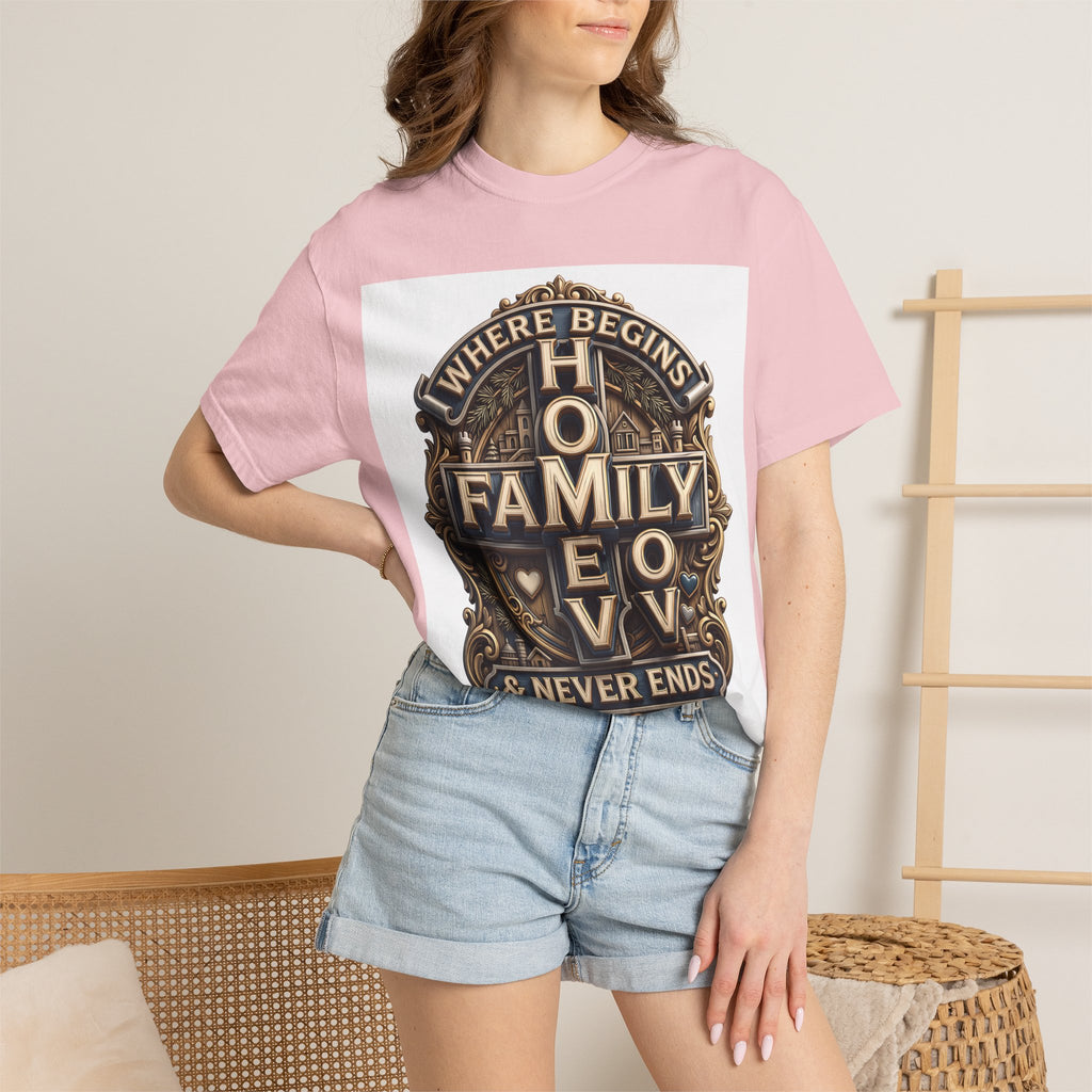 Woman wearing the Blossom soft pink home family love crest t-shirt with denim shorts