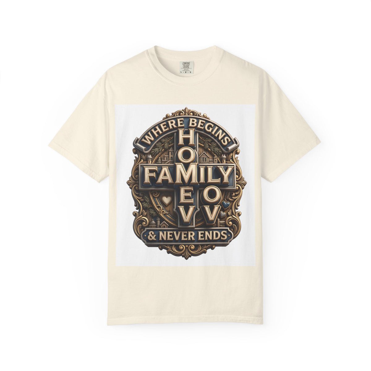 Ivory cream garment-dyed unisex t-shirt with the home family love vintage crest printed on the chest