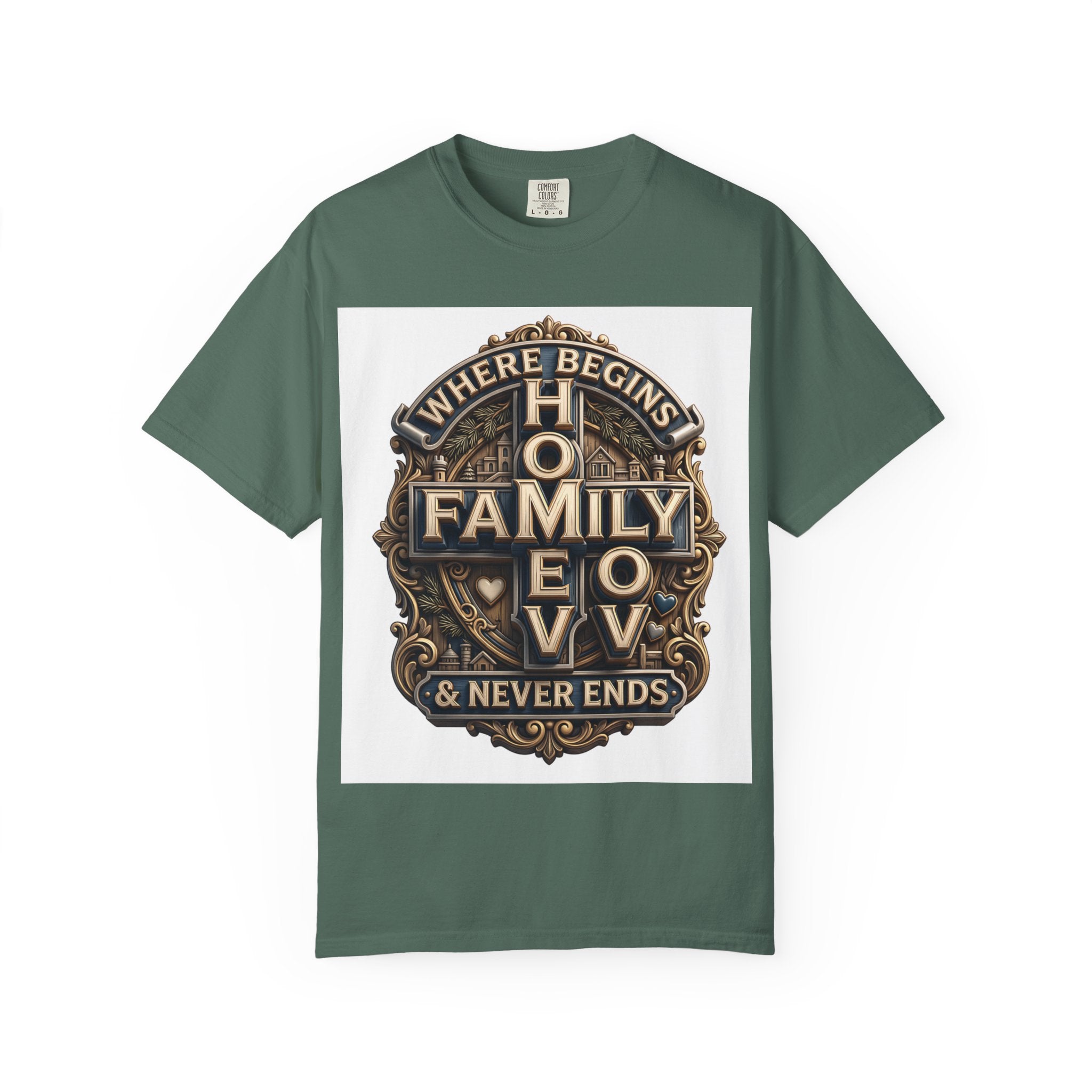 Blue Spruce deep green garment-dyed unisex t-shirt with the home family love vintage crest printed on the chest