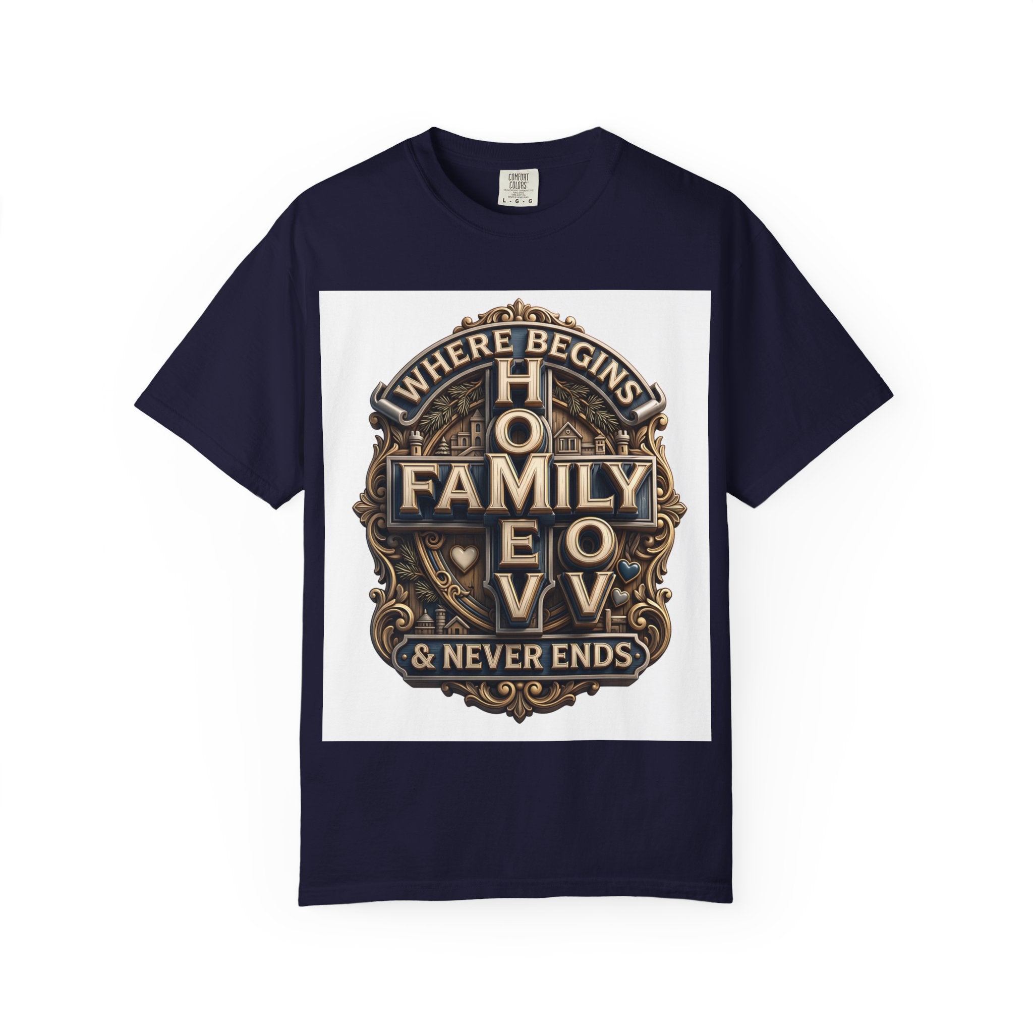 True Navy garment-dyed unisex t-shirt with the home family love vintage crest printed on the chest