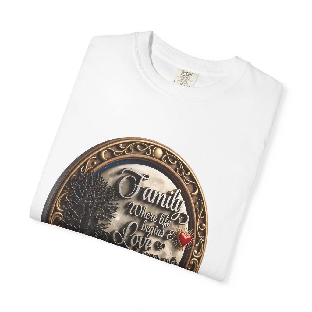 White t-shirt folded to show the oval family and love frame print and the garment-dyed cotton texture